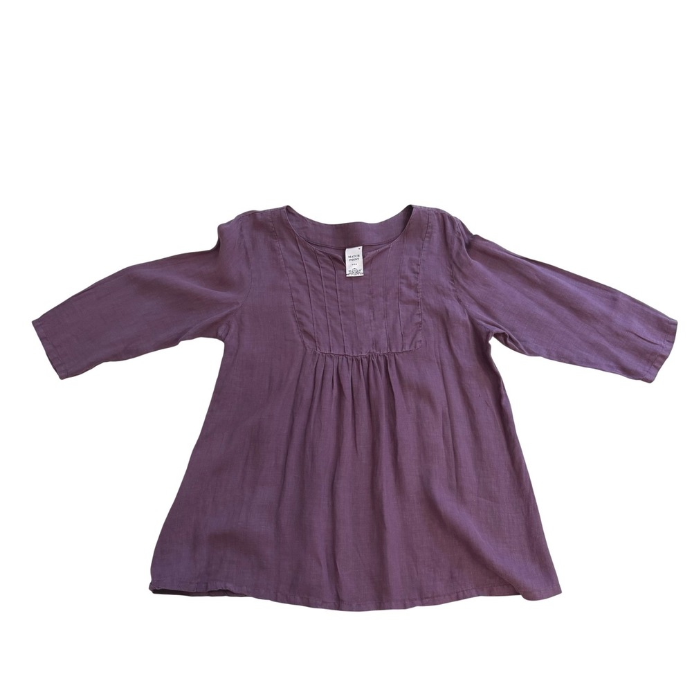 Match Point Vintage Linen Tunic Boho Lagenlook  Purple Pintuck 3/4 Sleeve USA